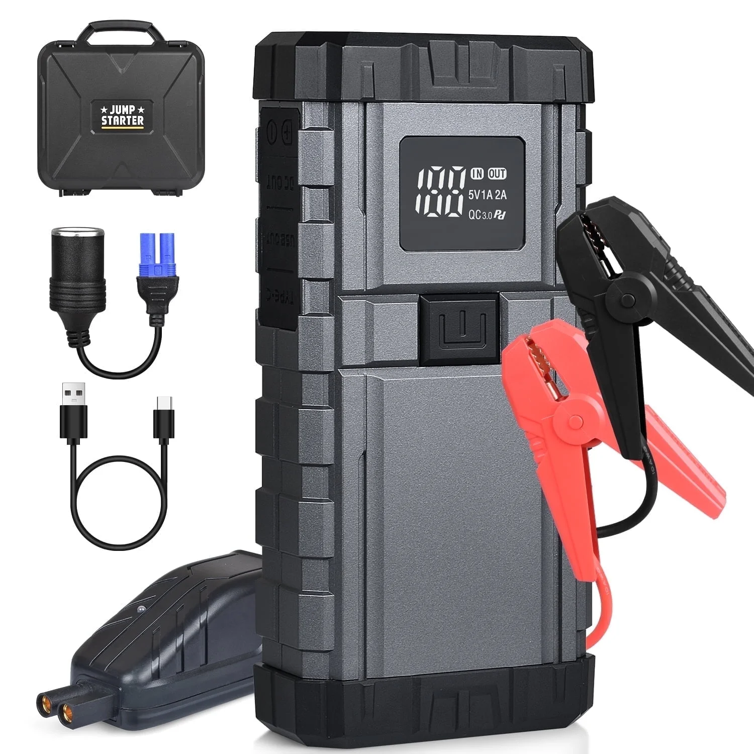 Car Jump Starter with Air Compressor, 3000A Battery Jump Starter with 150PSI Booster Function, 12V Battery Jump Pack with LED Screen, 3 Modes Flashlight
