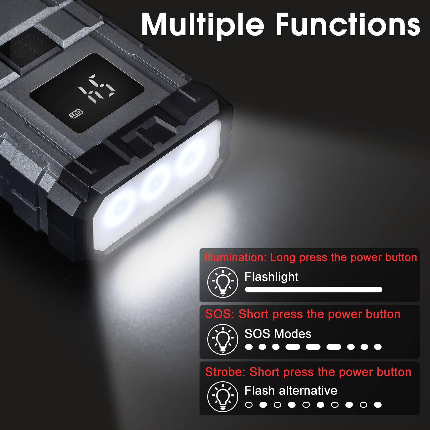 Car Jump Starter with Air Compressor, 3000A Battery Jump Starter with 150PSI Booster Function, 12V Battery Jump Pack with LED Screen, 3 Modes Flashlight - Image 4