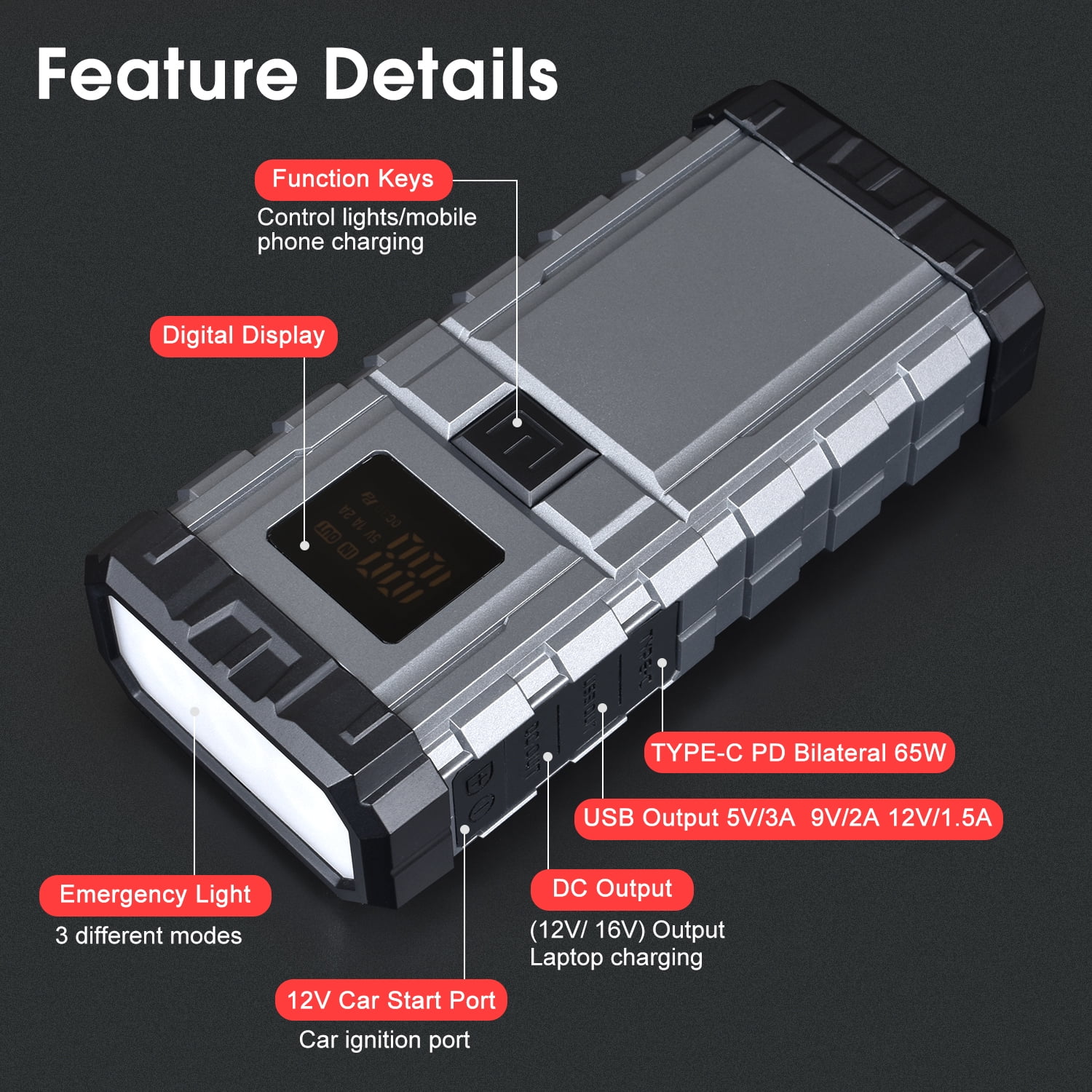 Car Jump Starter with Air Compressor, 3000A Battery Jump Starter with 150PSI Booster Function, 12V Battery Jump Pack with LED Screen, 3 Modes Flashlight - Image 5