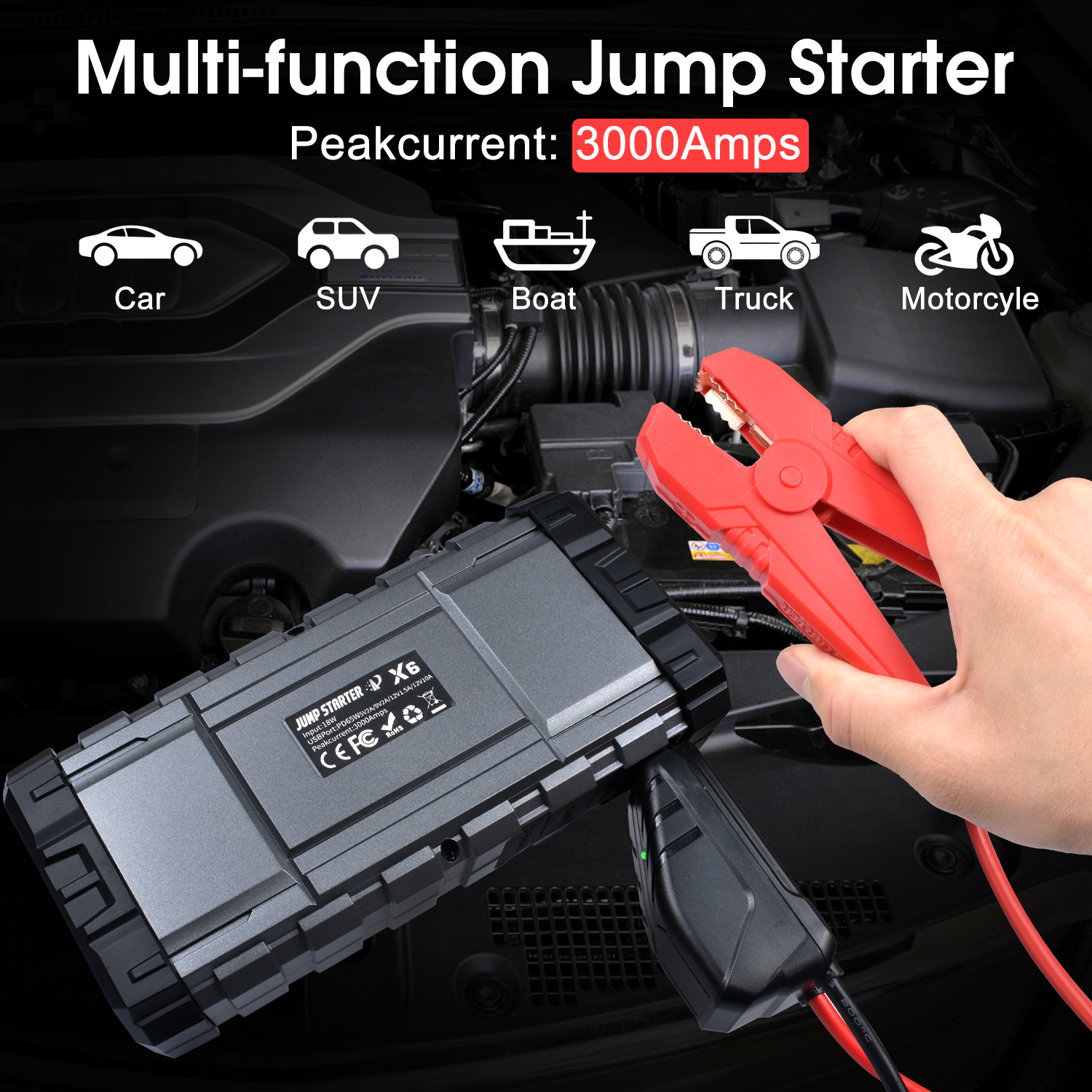 Car Jump Starter with Air Compressor, 3000A Battery Jump Starter with 150PSI Booster Function, 12V Battery Jump Pack with LED Screen, 3 Modes Flashlight - Image 6